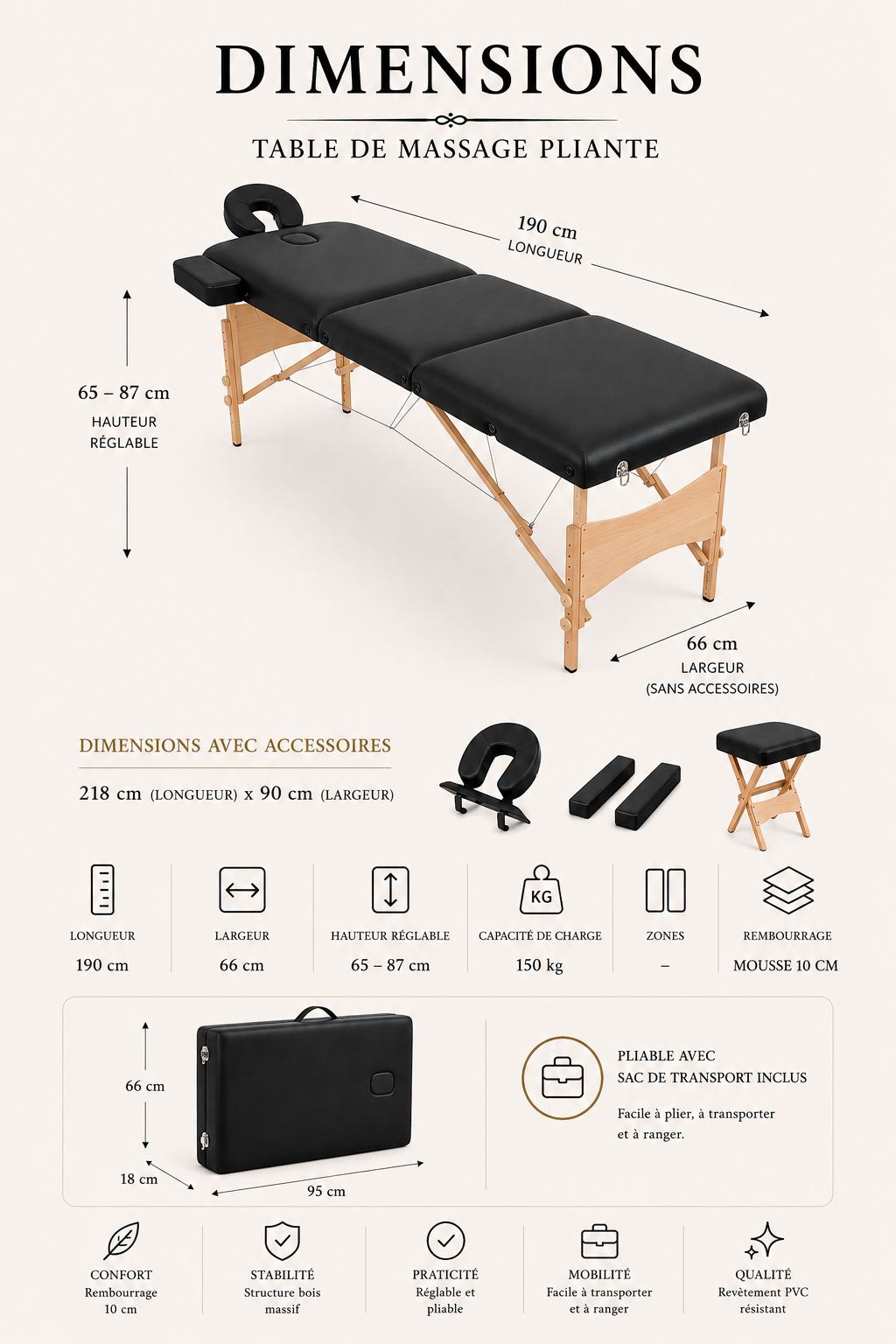 Table de massage 2 zones avec accessoires – Signature Prestige+